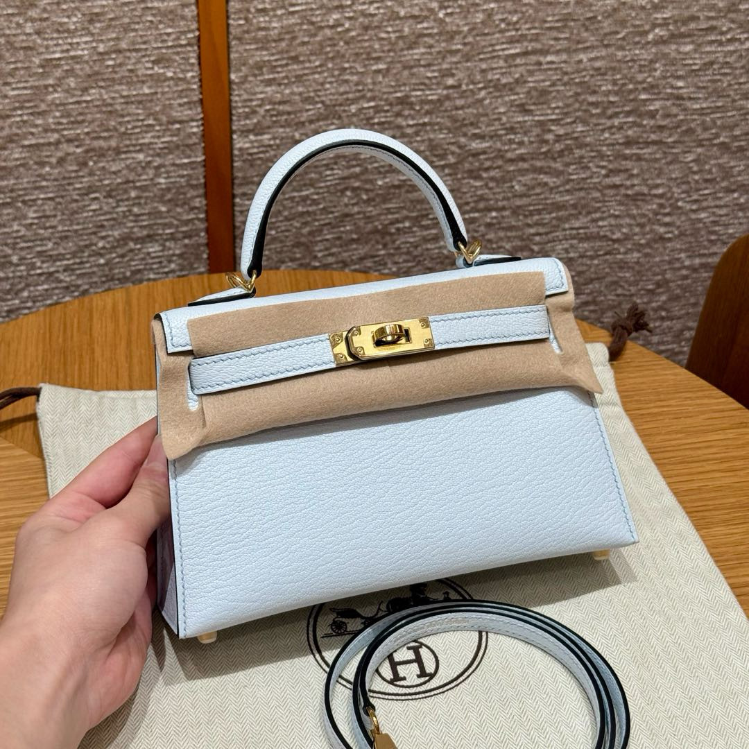 에르메스 Hermes Mini Kelly 19cm Chèvre T0 Blue Brume/gold