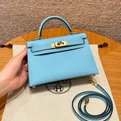 에르메스 Hermes Mini Kelly 19cm Epsom 7N Celeste/gold