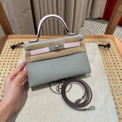 에르메스 Hermes Mini Kelly 19cm Epsom 8U Blue glacier and 09 Mauve pale/silver