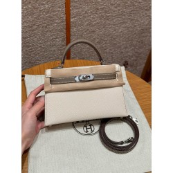 에르메스 Hermes Mini Kelly 19cm Epsom 10 Craie and 18 Etoupe/silver