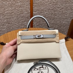 에르메스 Hermes Mini Kelly 19cm Epsom 10 Craie and J7 Blue Lin/silver