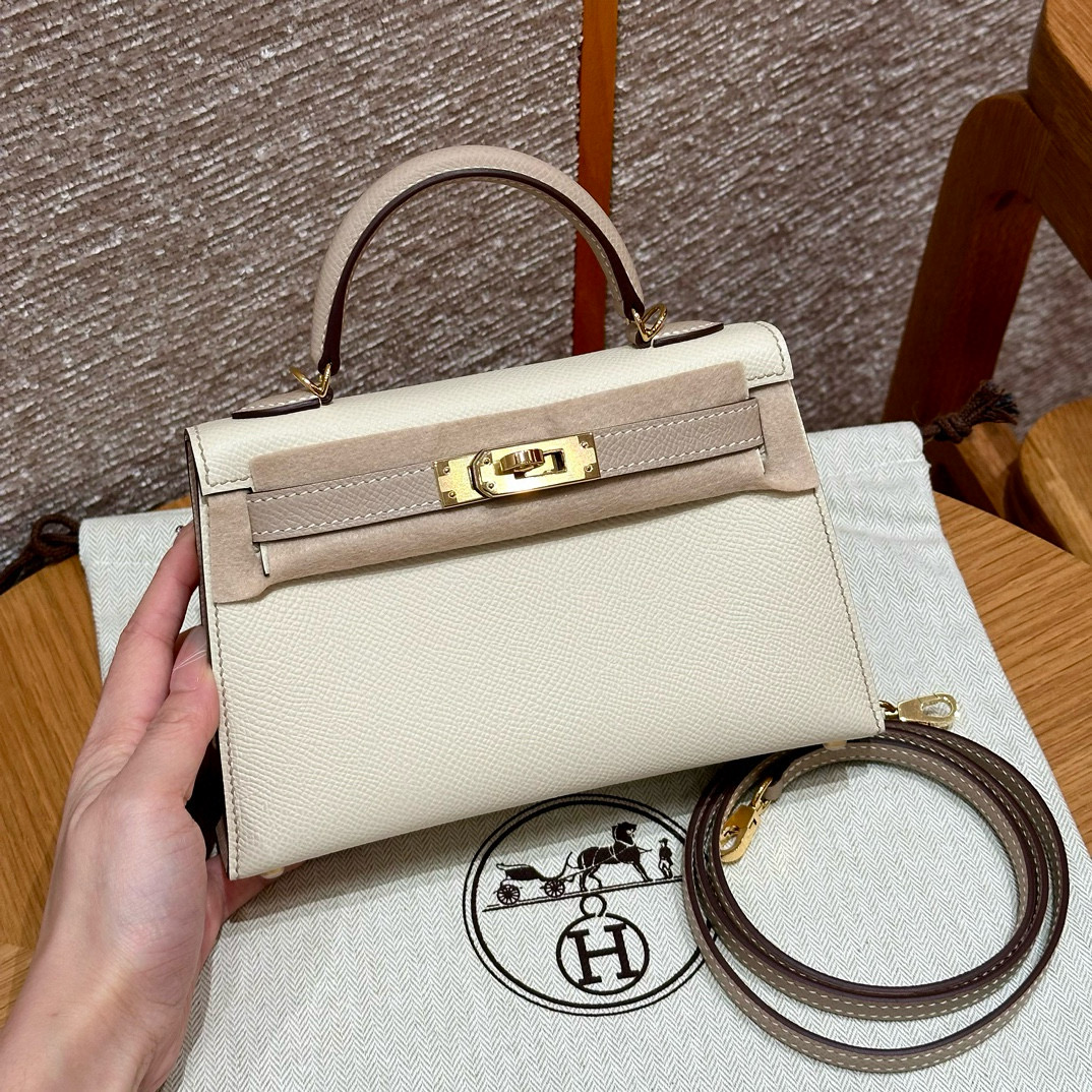 에르메스 Hermes Mini Kelly 19cm Epsom 10 Craie and S2 Trench/gold