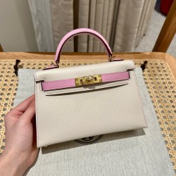 에르메스 Hermes Mini Kelly 19cm Epsom 10 Craie and X9 Mauve Sylvestre/gold