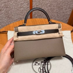 에르메스 Hermes Mini Kelly 19cm Epsom 18 Etoupe 89 Noir 4C Ecorce/silver