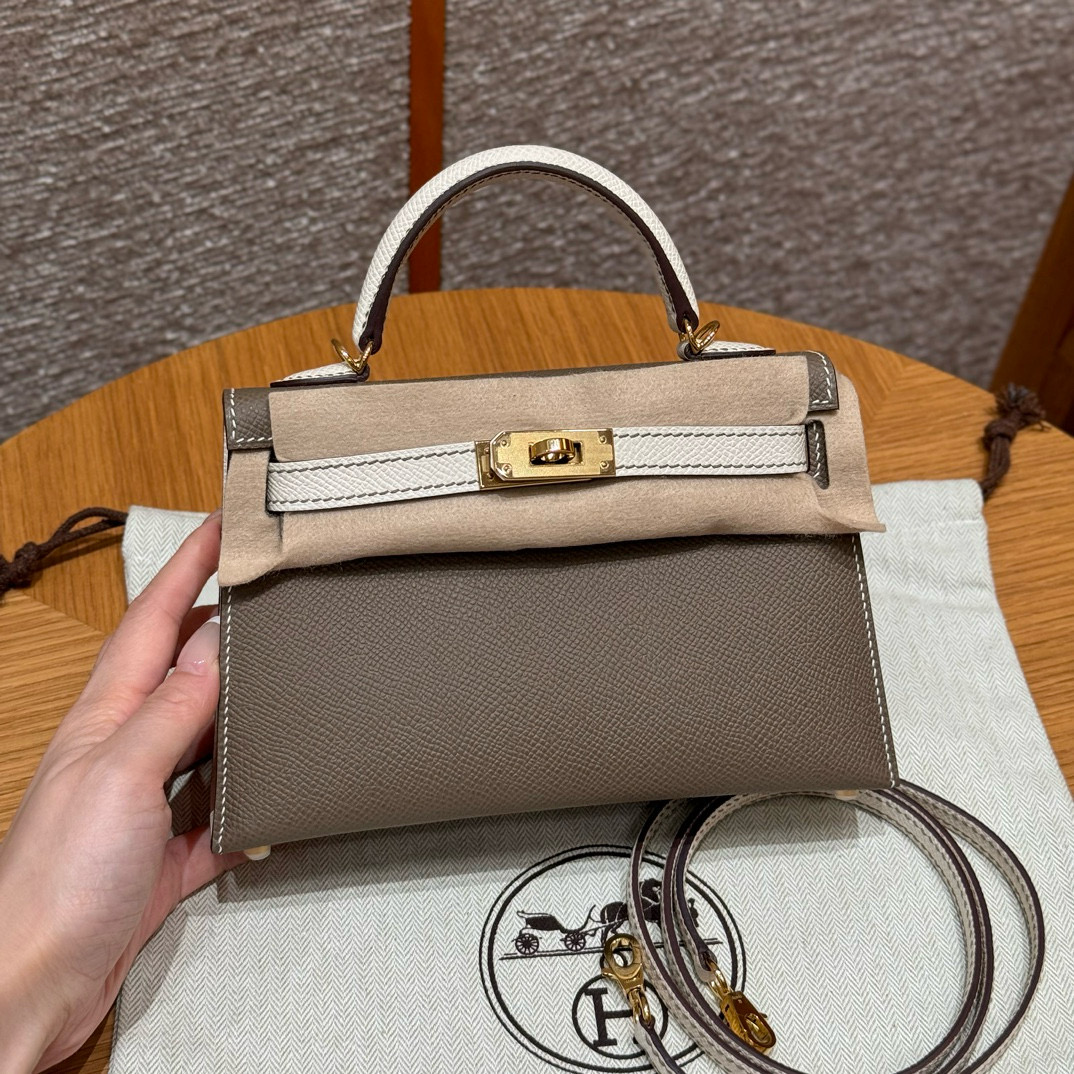 에르메스 Hermes Mini Kelly 19cm Epsom 18 Etoupe and 10 Craie/gold