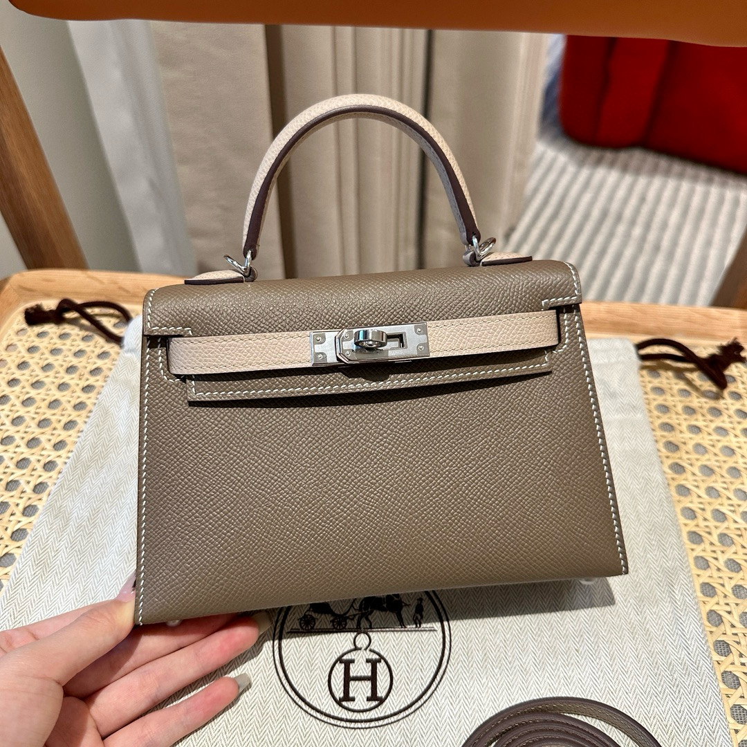 에르메스 Hermes Mini Kelly 19cm Epsom 18 Etoupe and S2 Trench/silver