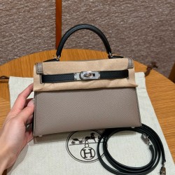 에르메스 Hermes Mini Kelly 19cm Epsom M8 Gris Asphalte and 89 Noir/silver
