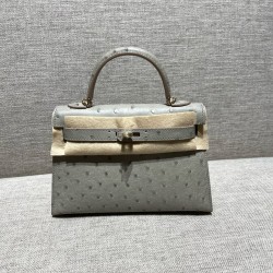 에르메스 Hermes Mini Kelly 19cm KK ostrich 80 Gris Perle/gold
