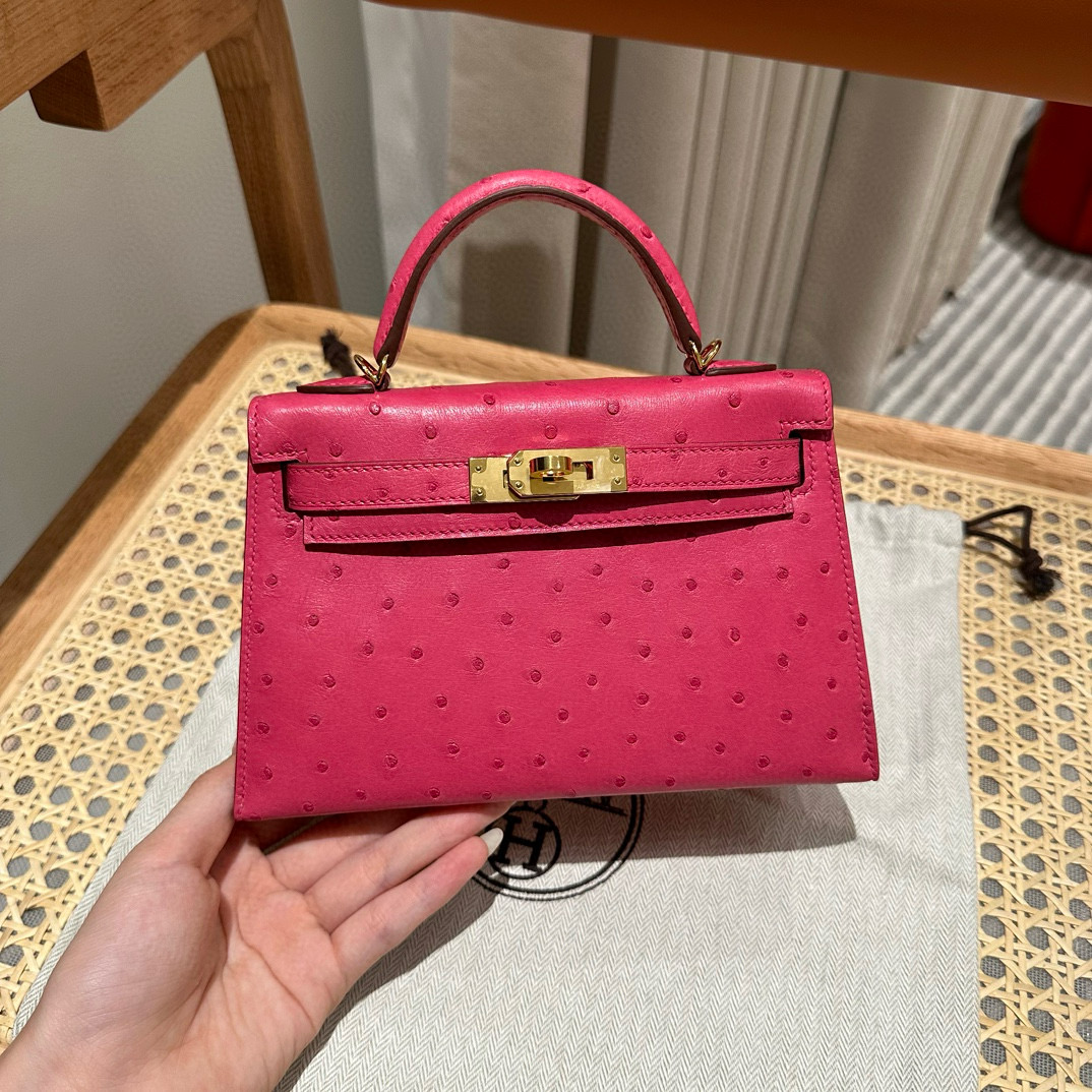 에르메스 Hermes Mini Kelly 19cm KK ostrich E5 Rose Tyrien/gold