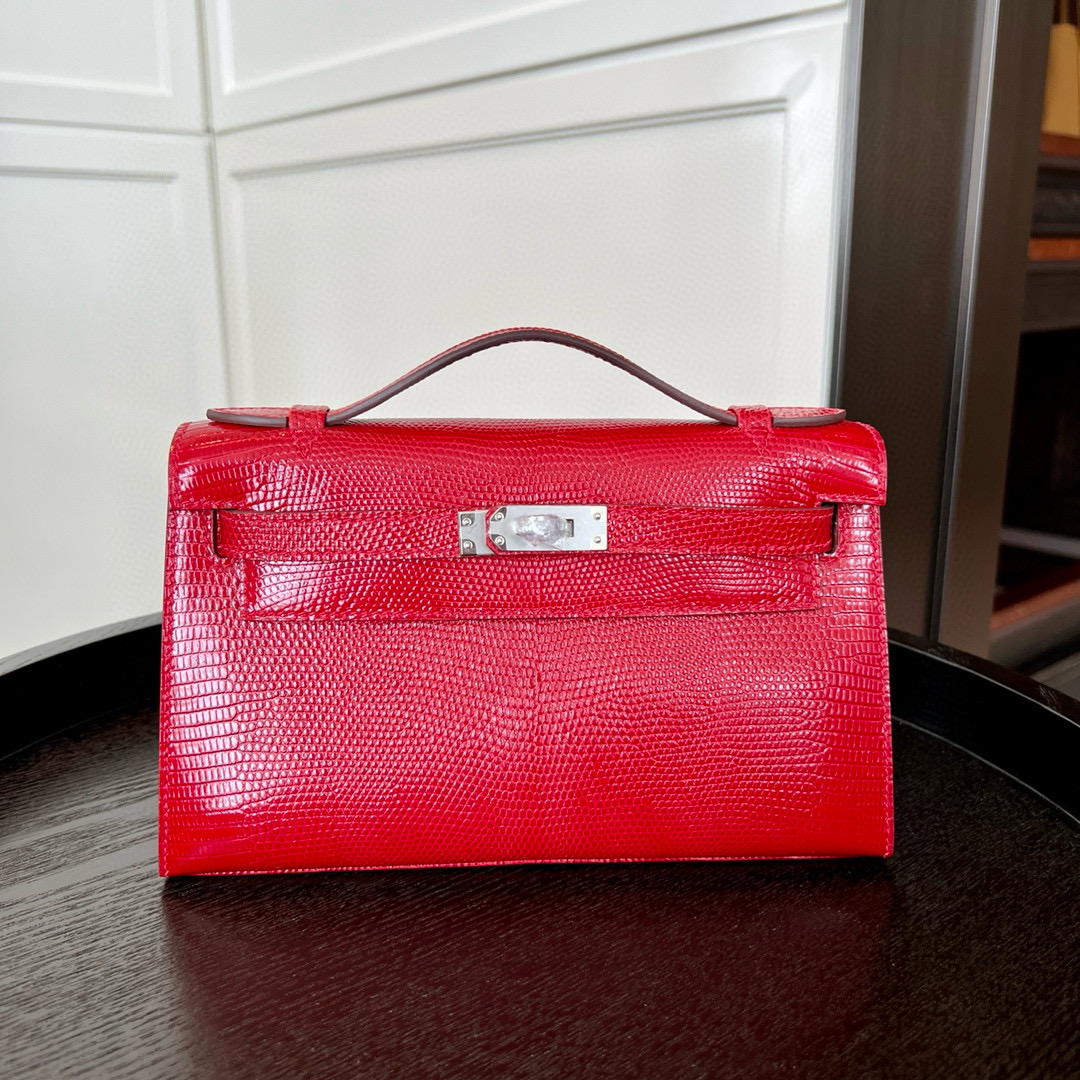 에르메스 Hermes Mini Kelly 19cm Lizard Q5 Rouge casaque/silver