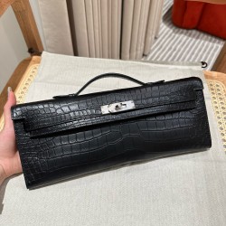 에르메스 Hermes Kelly cut 31cm Porosus shiny 89 Noir/silver
