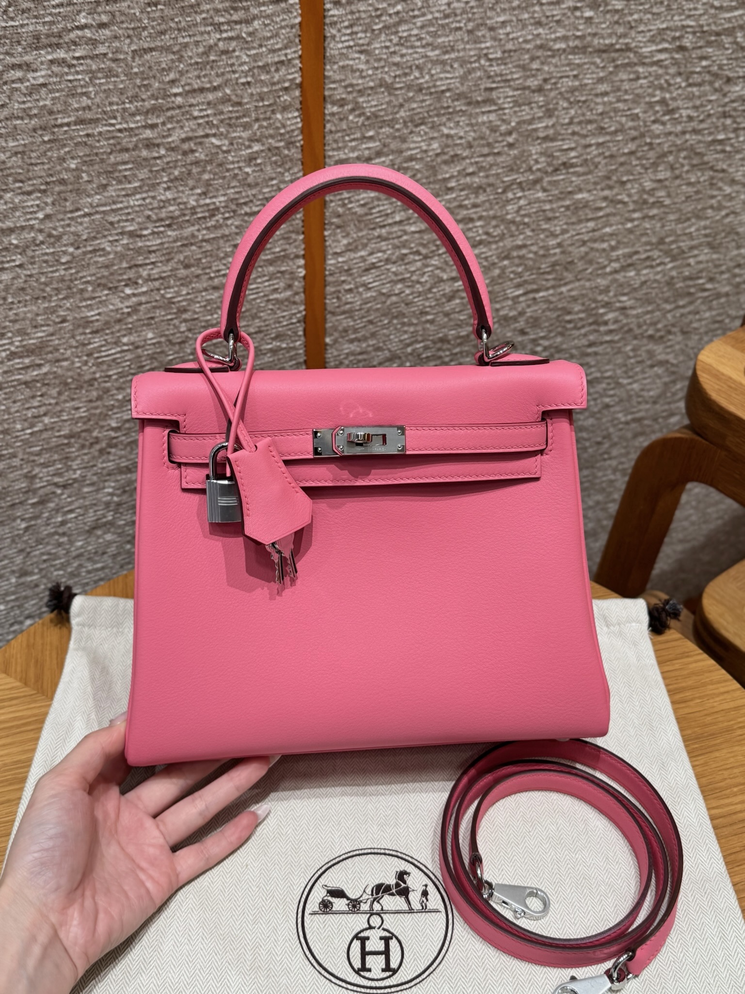 에르메스 Hermes Kelly 25cm Swift U5 Rose lipstick/silver
