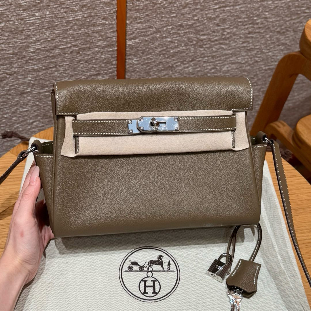 에르메스 Hermes Kelly Messenger 24cm Evercolor 18 Etoupe/silver