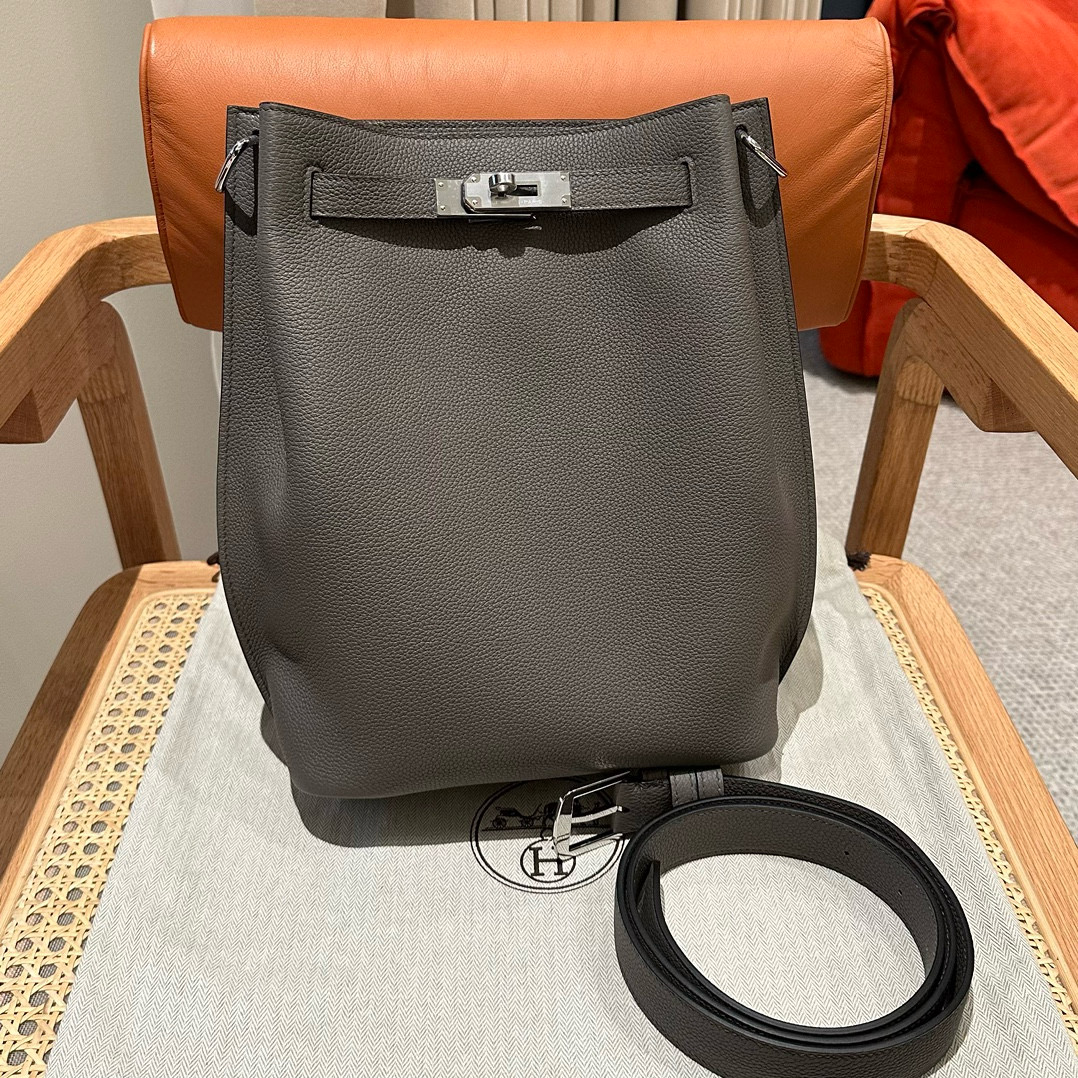 에르메스 Hermes So Kelly 22cm Clemence 8F Etain and 5J Fuchia/silver