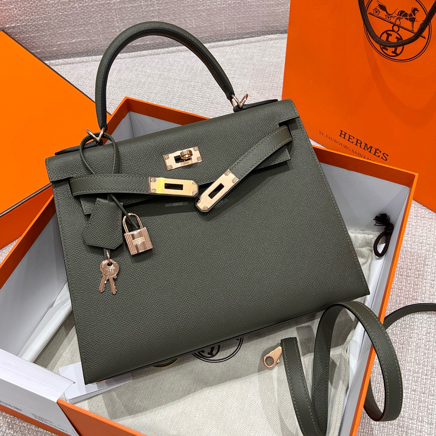 에르메스 Hermes Kelly 25cm Epsom 61 Olive Green/Rose gold