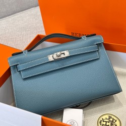 에르메스 Hermes Kelly Pochette Epsom 75 Blue Jean/silver