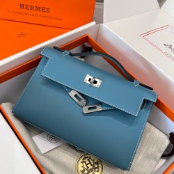 에르메스 Hermes Kelly Pochette Swift 7P Blue presse/silver