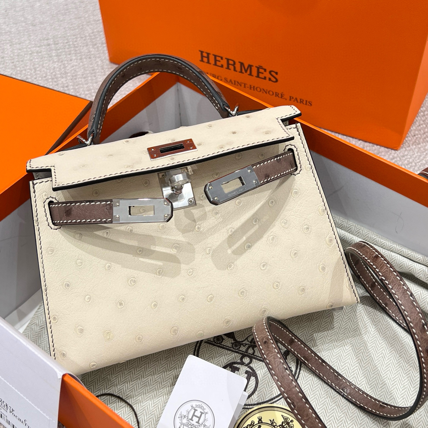 에르메스 Hermes Mini Kelly KK ostrich i2 nata and 81 Gris Tourerlle/silver