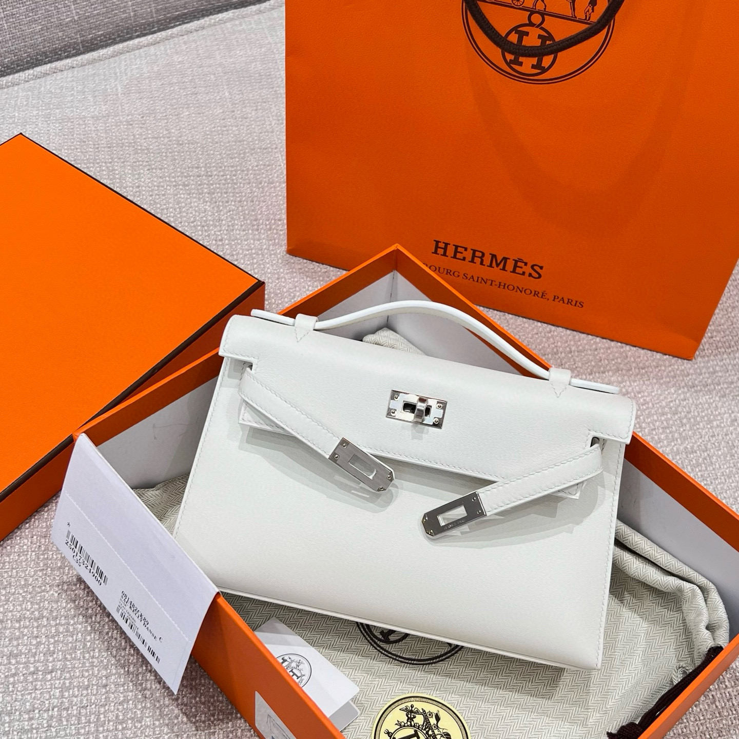 에르메스 Hermes Kelly Pochette Swift 01 Blanc/silver