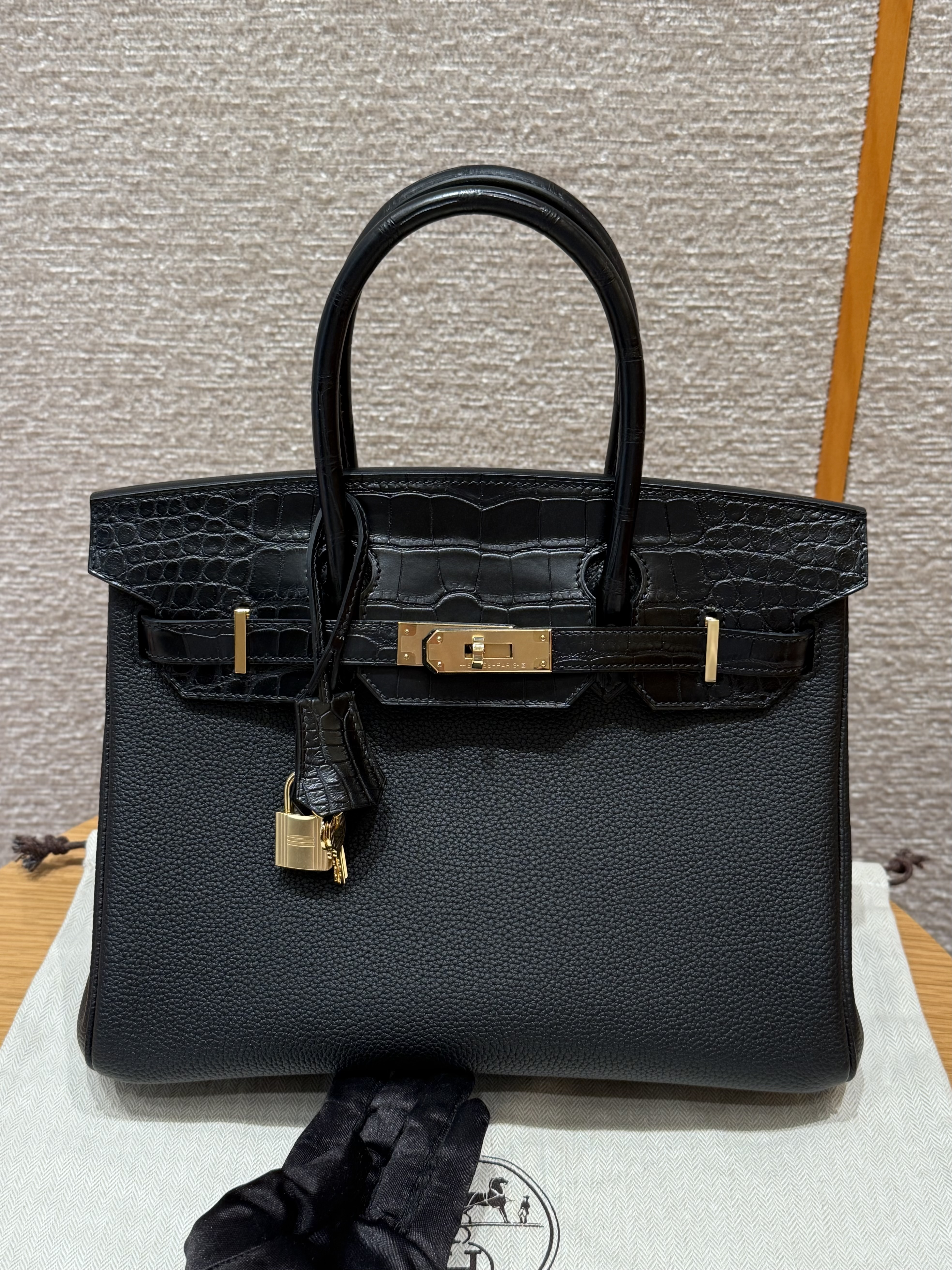 에르메스 Hermes Birkin Touch 30cm Togo and Matte Alligator 89 Noir/gold