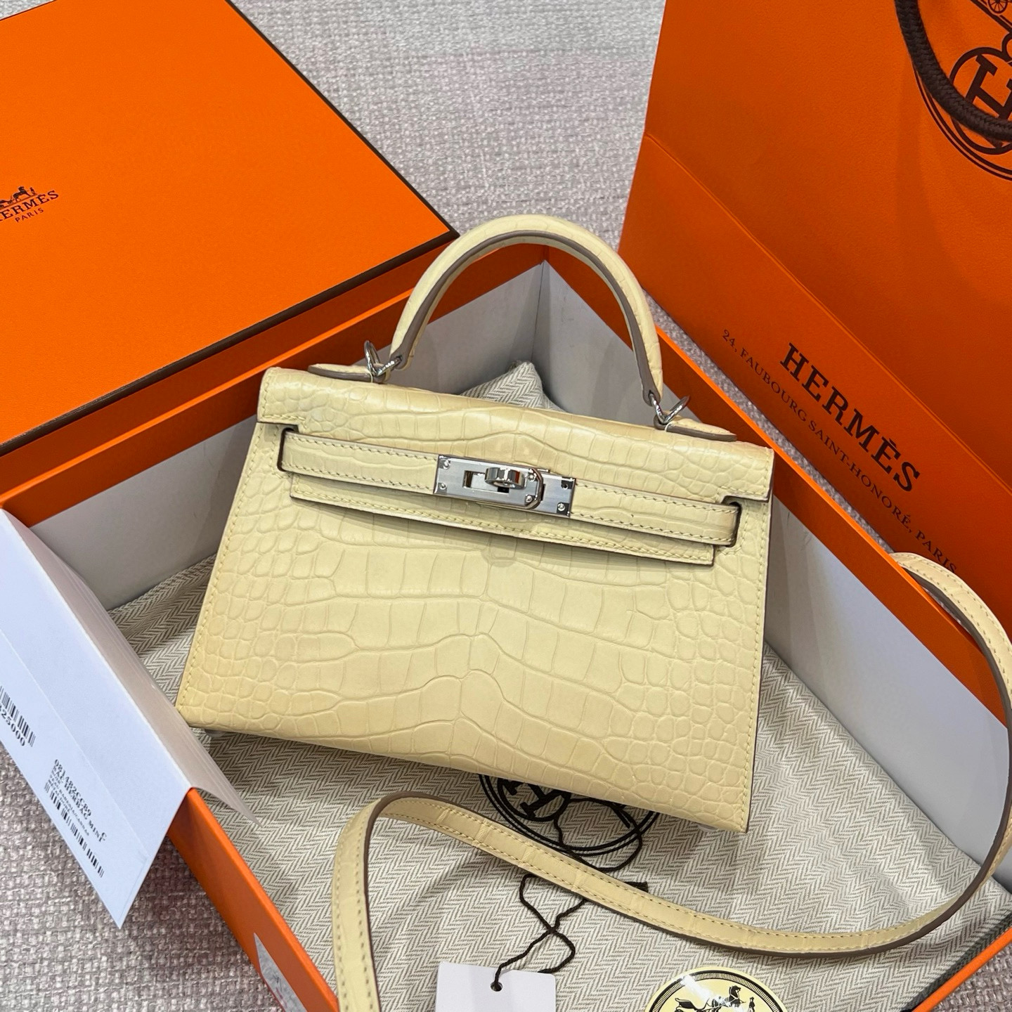 에르메스 Hermes Mini Kelly Hcp crocodile Y1 Vanille/silver