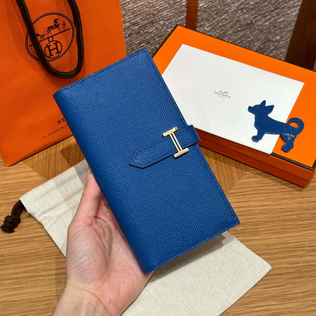 에르메스 Hermes Bearn wallet Soufflet 17.5cm Epsom 71 Blue France/gold