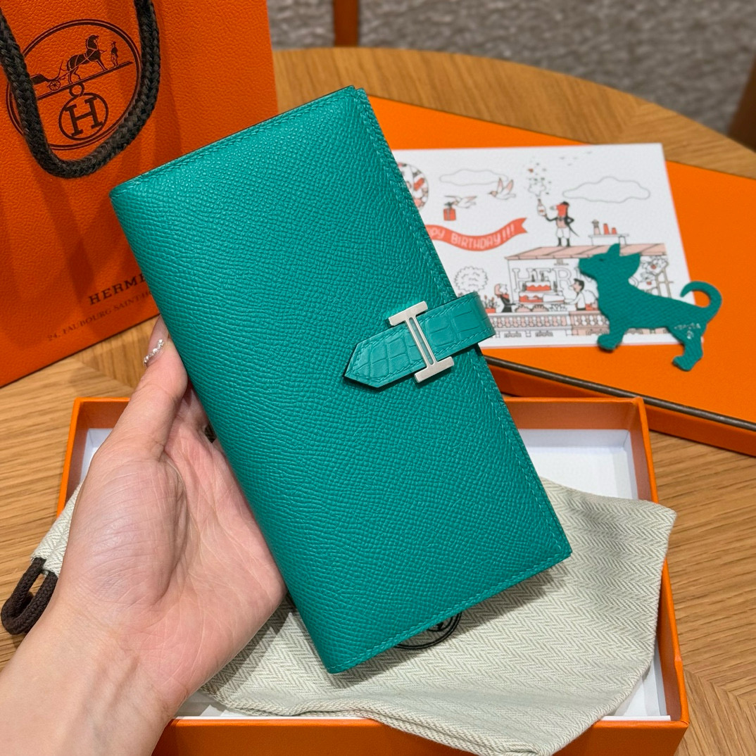 에르메스 Hermes Bearn wallet Soufflet 17.5cm Epsom and Matte Alligator O6 Vert jade/silver