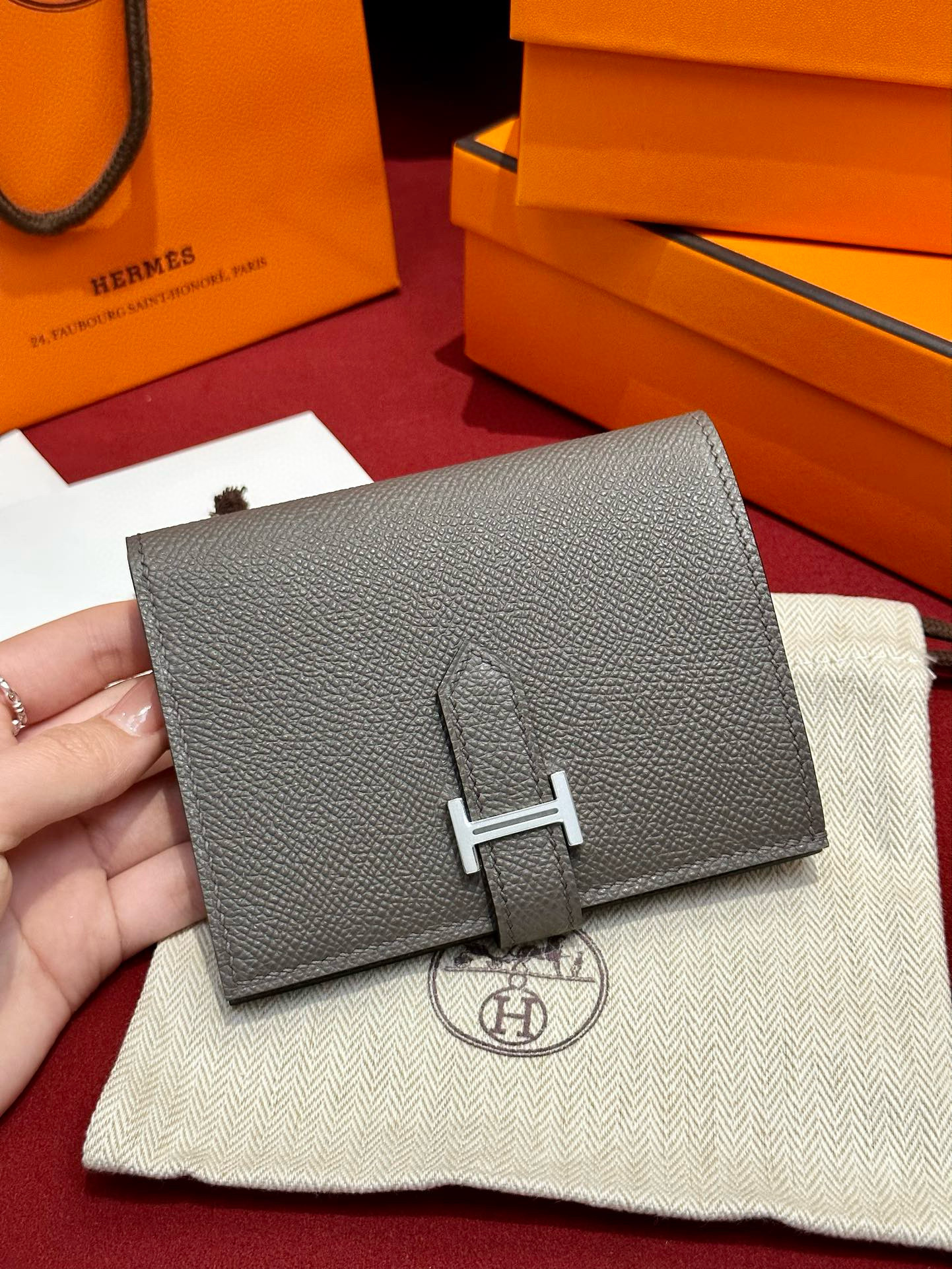 에르메스 Hermes Bearn Compact wallet 12cm Epsom 0L Girs Meyer/silver