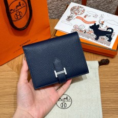 에르메스 Hermes Bearn Compact wallet 12cm Epsom 73 Blue saphir/silver