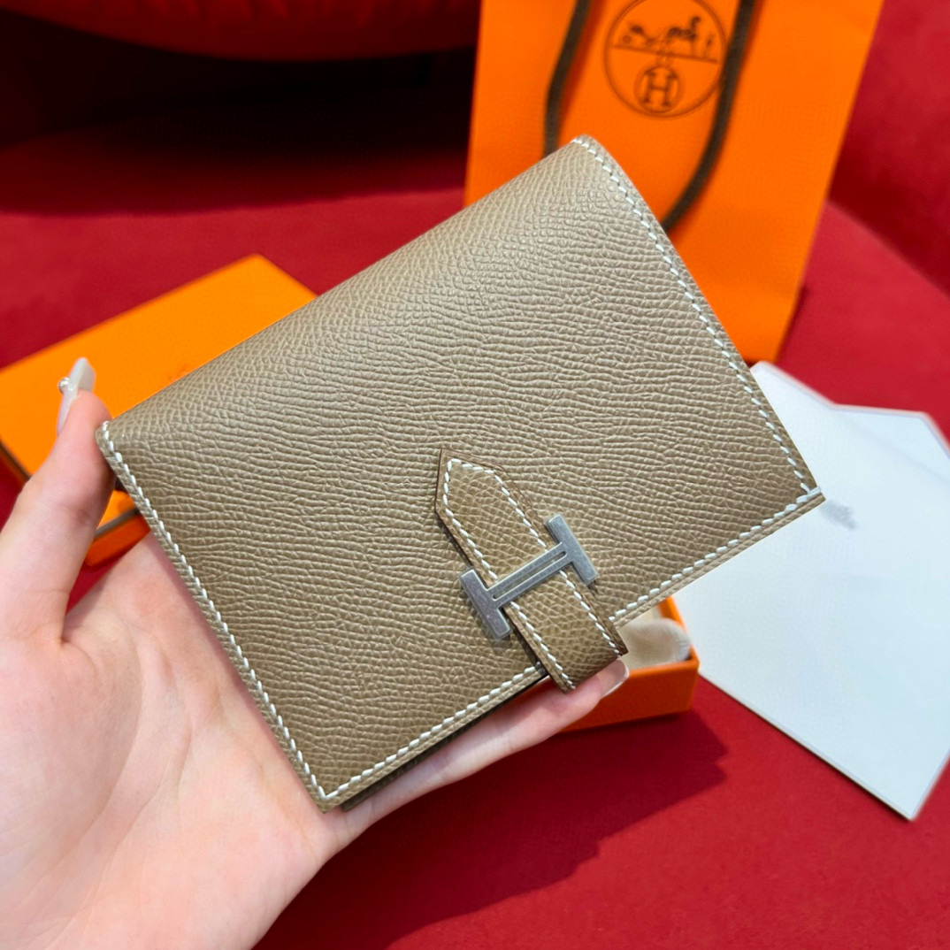 에르메스 Hermes Bearn Compact wallet 12cm Epsom 18 Etoupe/silver
