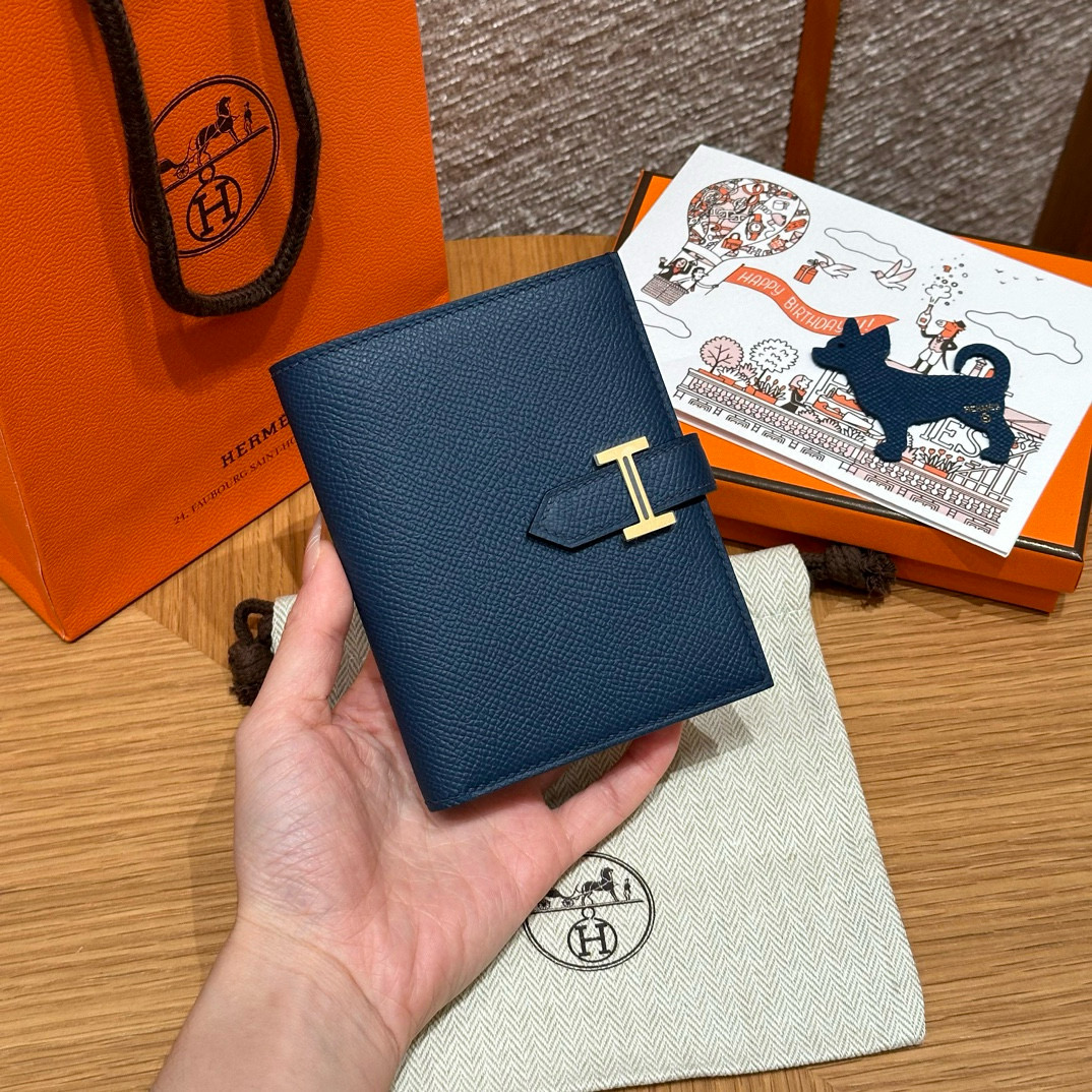 에르메스 Hermes Bearn Compact wallet 12cm Epsom S4 Deep Blue/gold