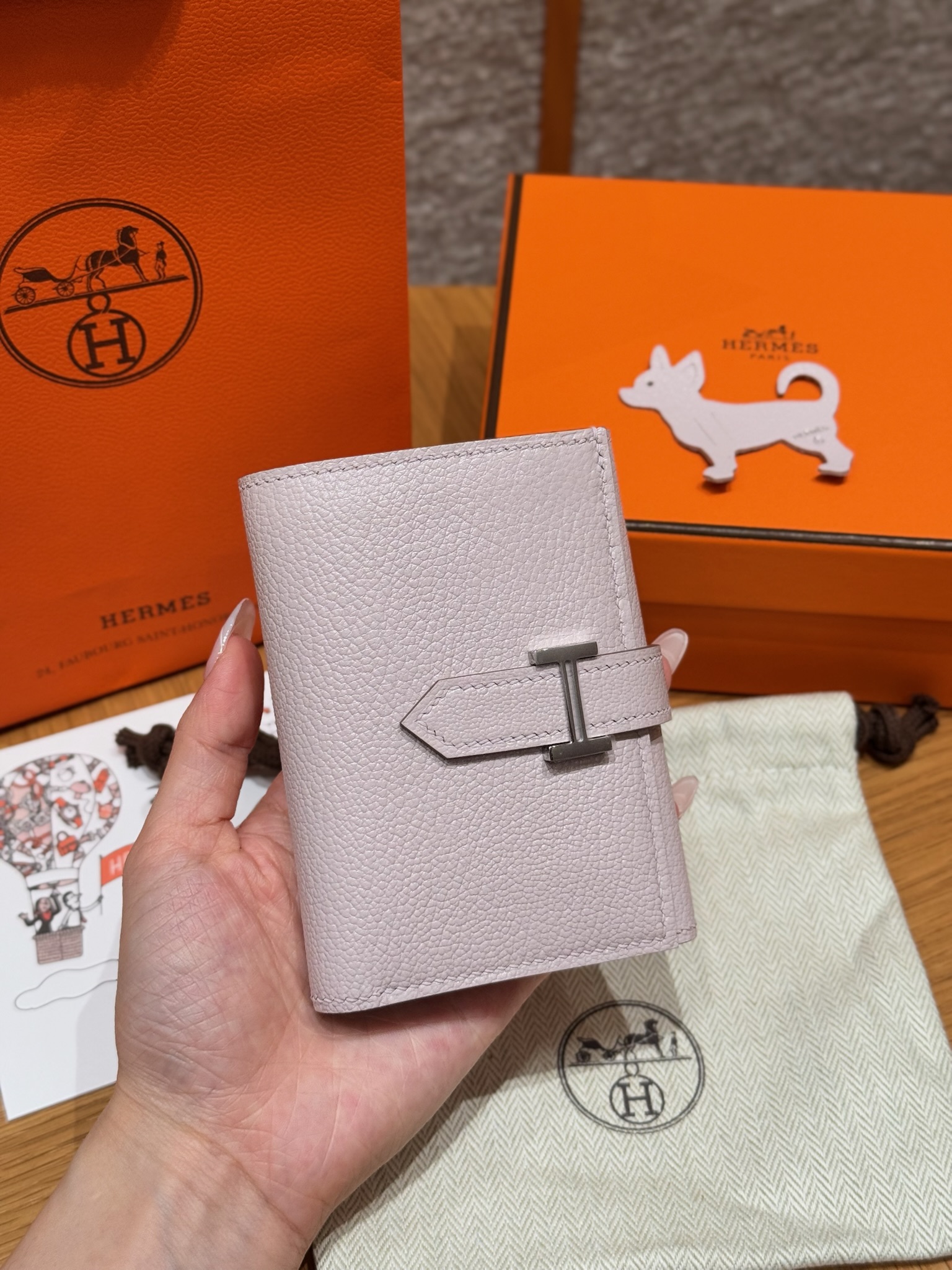 에르메스 Hermes Bearn combine wallet 11cm chèvre 09 Mauve pale/silver