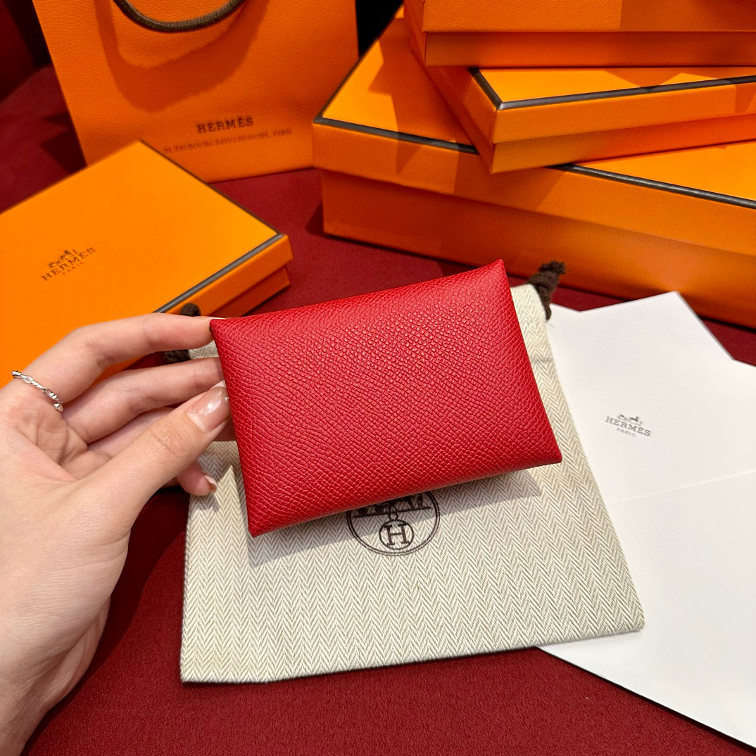 에르메스 Hermes Calvin duo Card Holder 10.5cm Epsom Q5 Rouge casque/silver