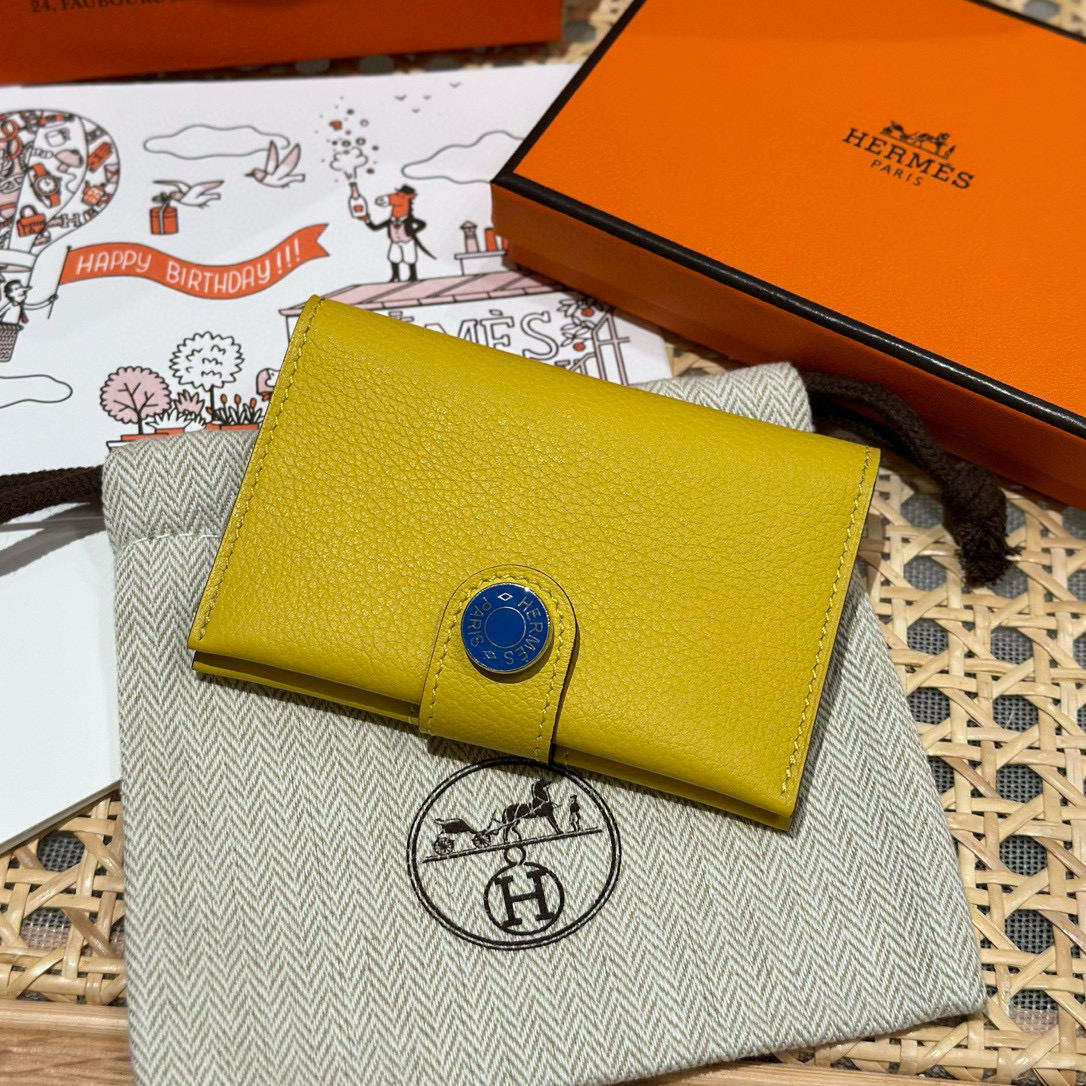 에르메스 Hermes R.M.S Card Holder 10.5cm Evercolor 9O Jaune De Naples and 71 Blue France/silver