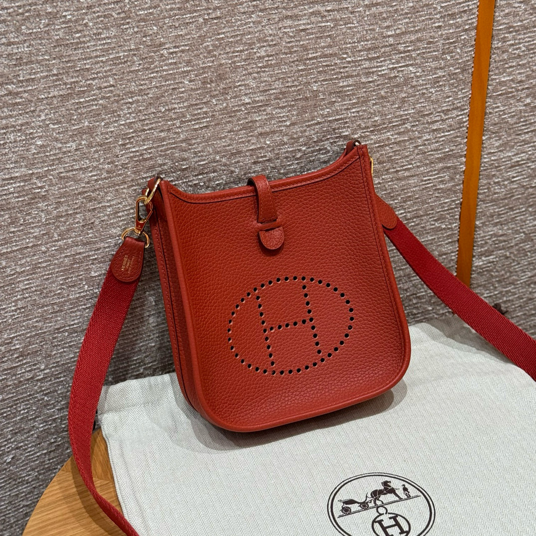 에르메스 Hermes Mini Evelyne 16cm clemence S5 Rouge Tomate/gold
