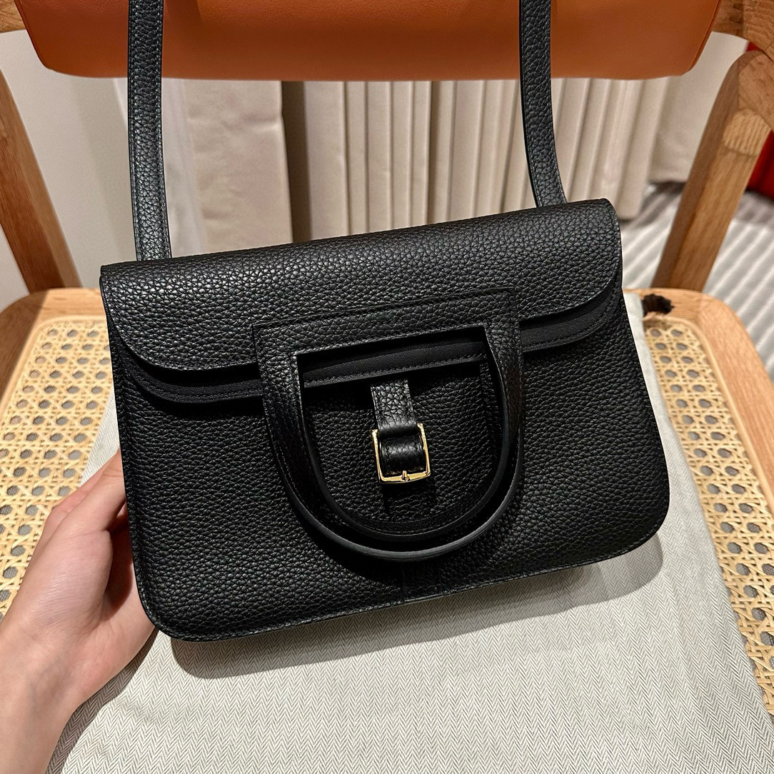 에르메스 Hermes Halzan 25cm clemence 89 Noir/gold