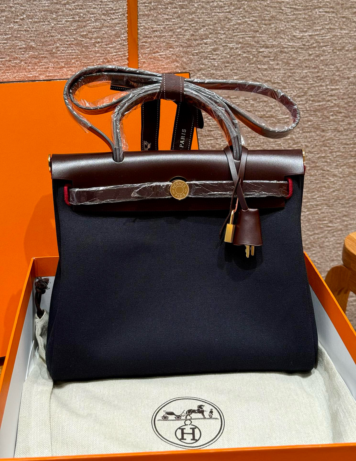 에르메스 Hermes Herbag 31cm canvas and cowhide Blue/gold