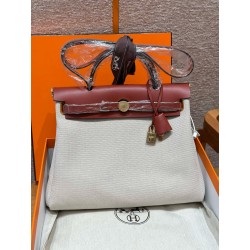 에르메스 Hermes Herbag 31cm canvas and cowhide Wine red/gold