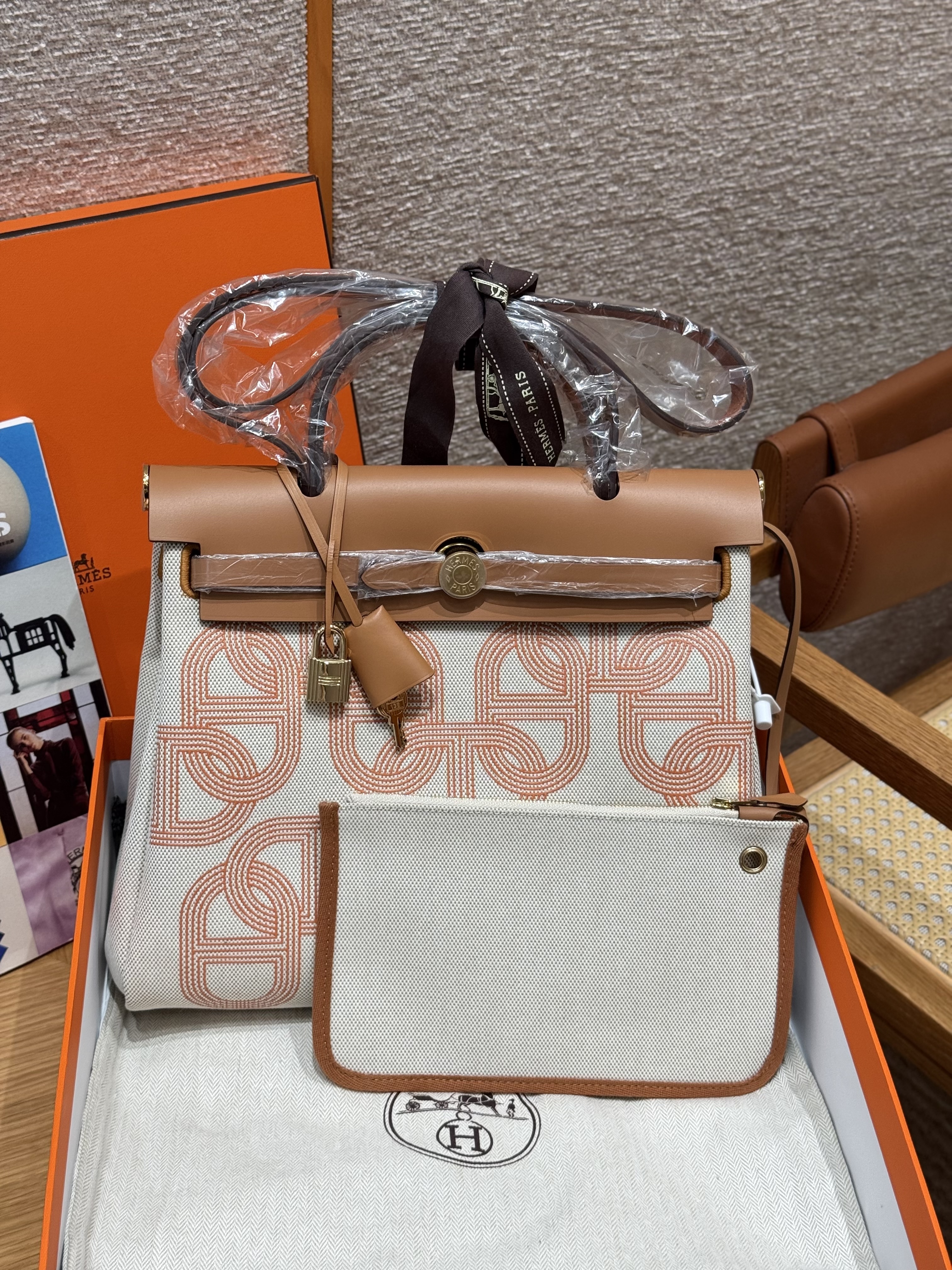 에르메스 Hermes Herbag 31cm canvas and cowhide orange mécano écru beige nature/gold