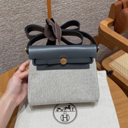 에르메스 Hermes Herbag mini 20cm canvas and cowhide ecru blue glacier ardoise/gold