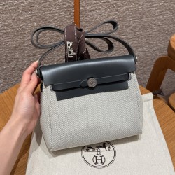 에르메스 Hermes Herbag mini 20cm canvas and cowhide ecru blue glacier ardoise/silver
