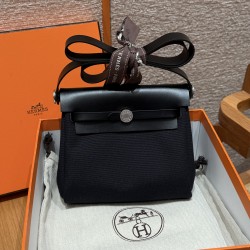 에르메스 Hermes Herbag mini 20cm canvas and cowhide noir noir/silver