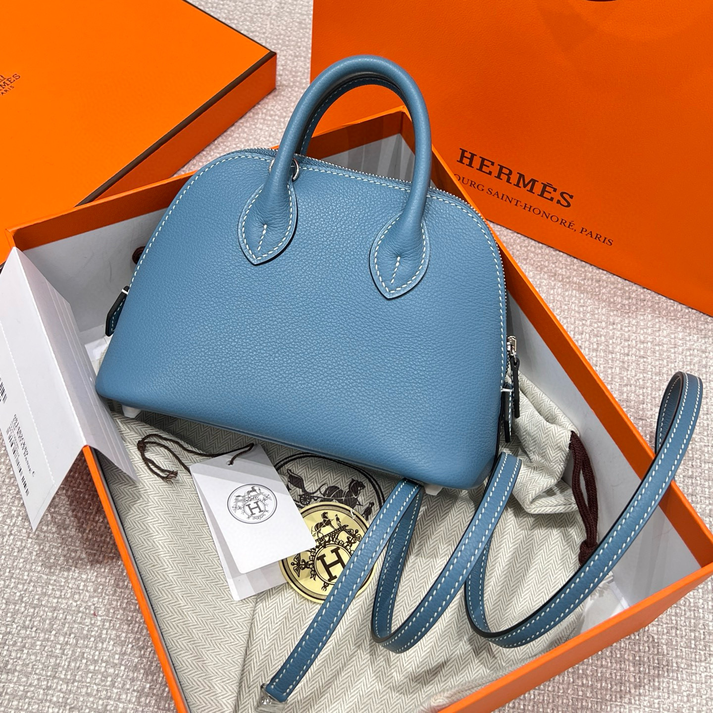 에르메스 Hermes Mini Bolide Evercolor 75 Blue Jean/silver