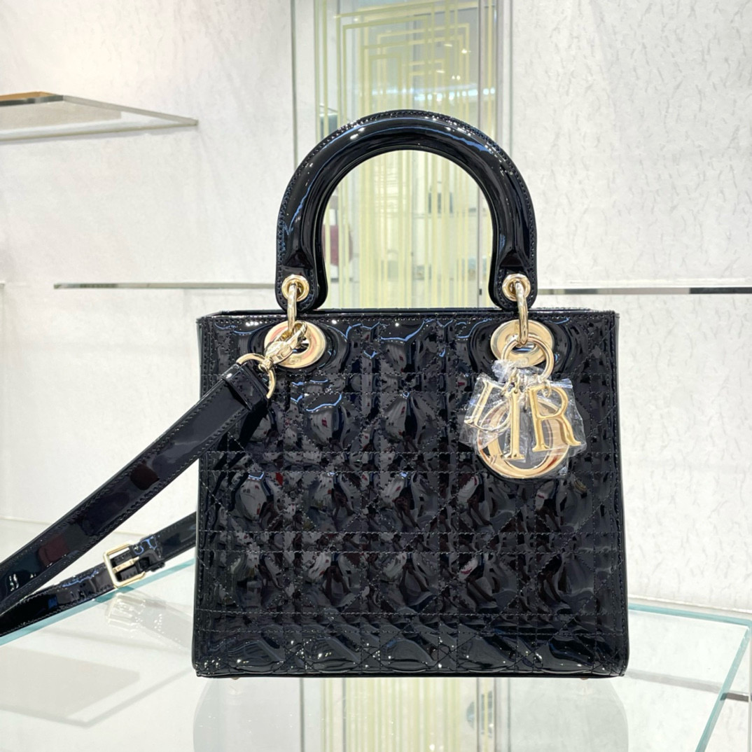 디올 Dior Lady 24cm 탑 핸들백 Black