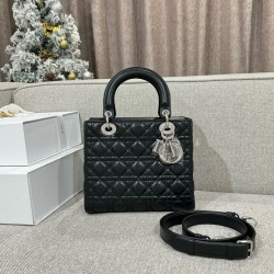 디올 Dior Lady 24cm 탑 핸들백 Black