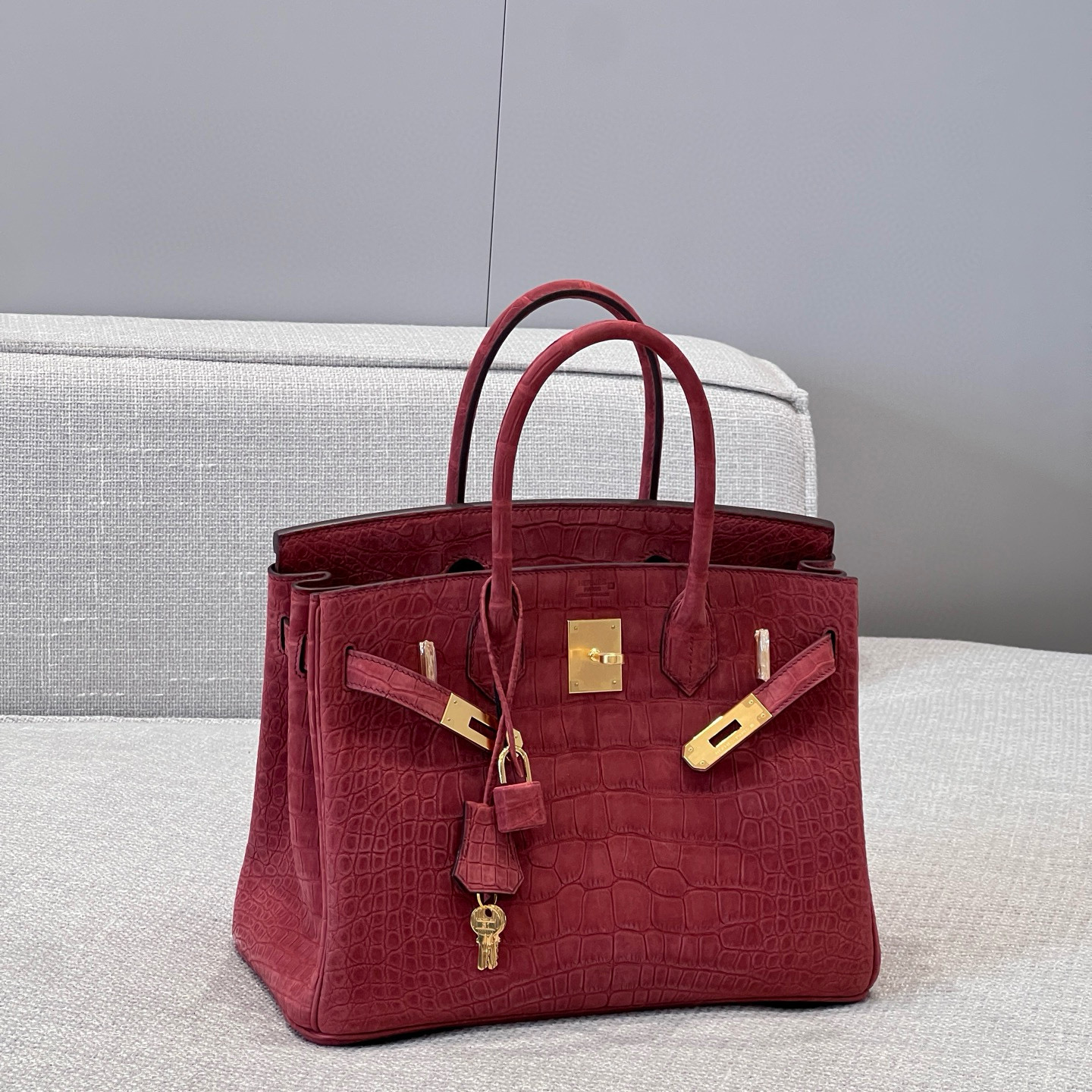 에르메스 Hermes Brikin 30cm France Hcp Porosus crocodile 55 Rouge H/gold