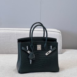 에르메스 Hermes Brikin 30cm France Hcp Porosus crocodile 60 Vert pochette/silver