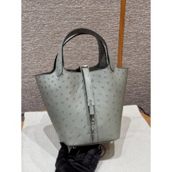 에르메스 Hermes Picotin lock 18cm KK ostrich 8U Blue glacier/silver