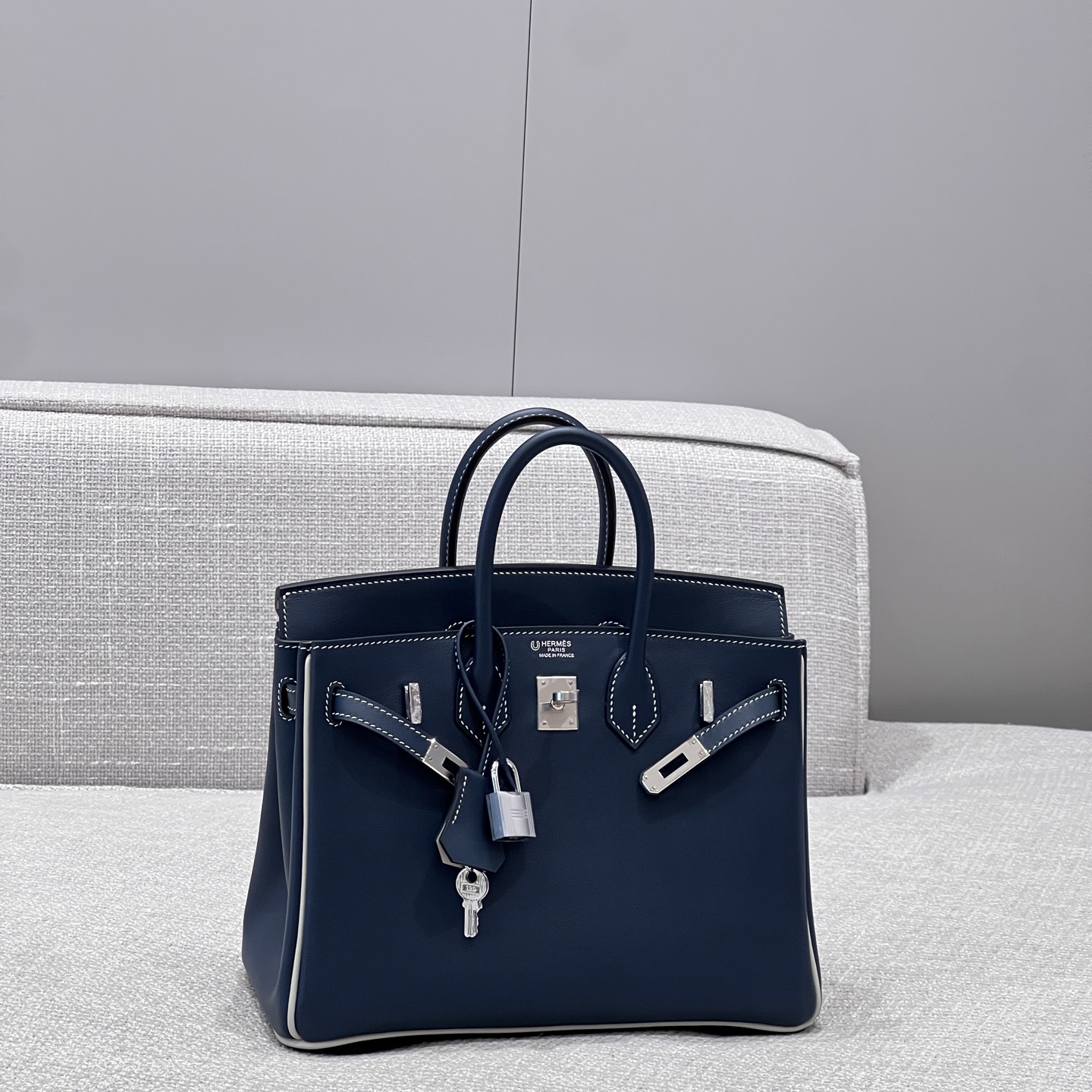 에르메스 Hermes Brikin 25cm Swift 7P Blue presse and 80 Gris perle/silver