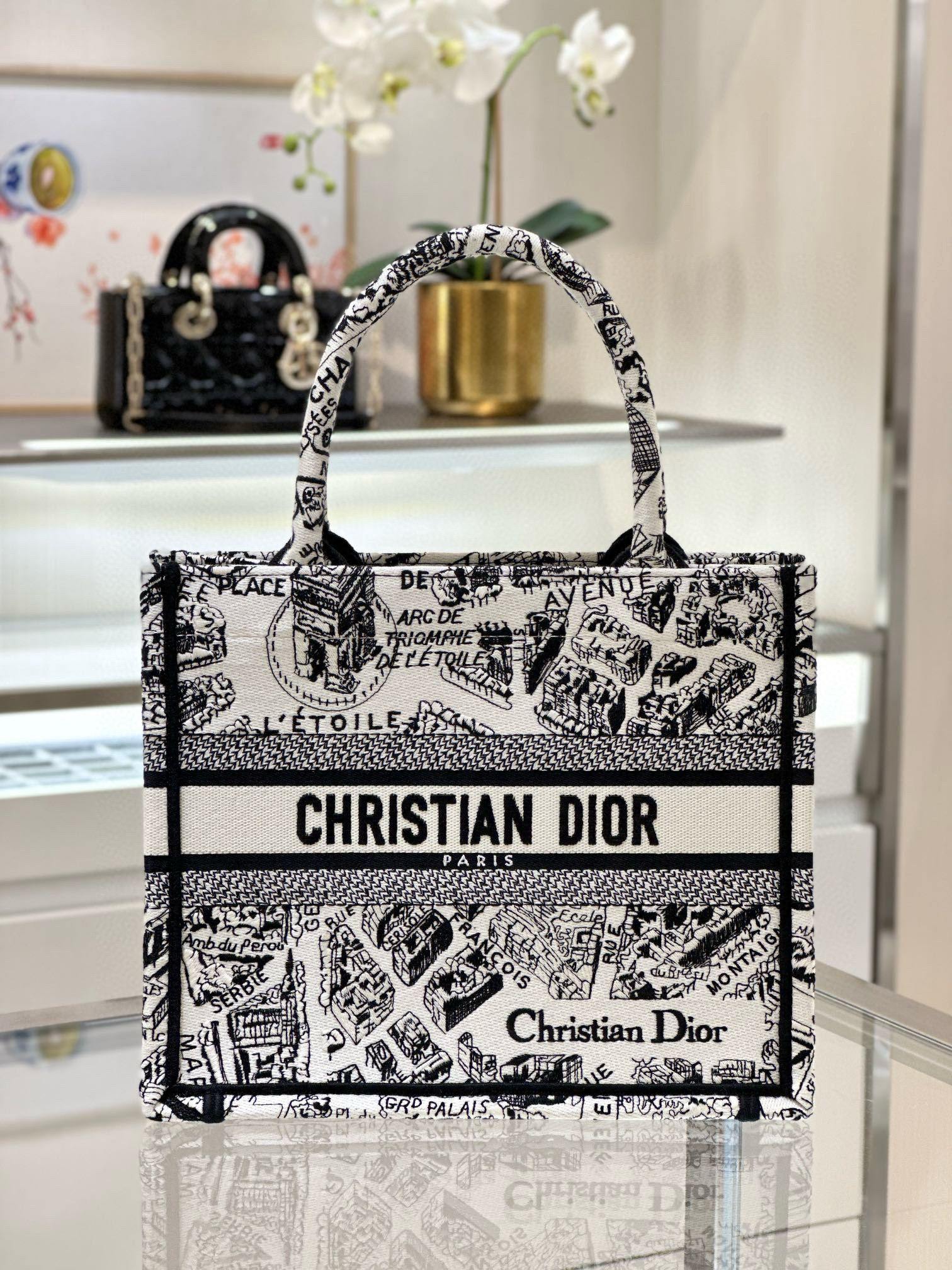 디올 Dior Small Dior Book Tote White Plan de Paris Embroidery 26.5cm
